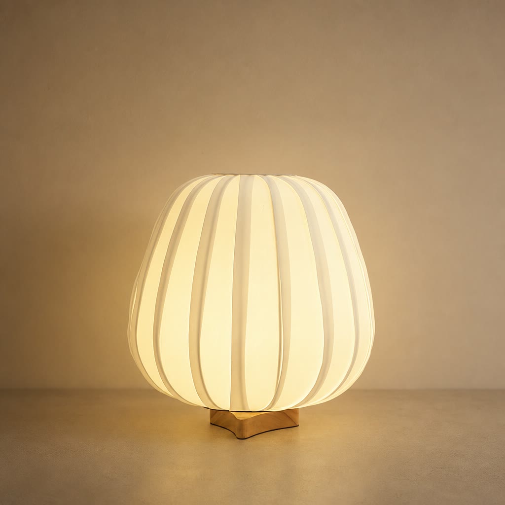 Glowing pleated cream table lamp with a small wooden base on a neutral surface.