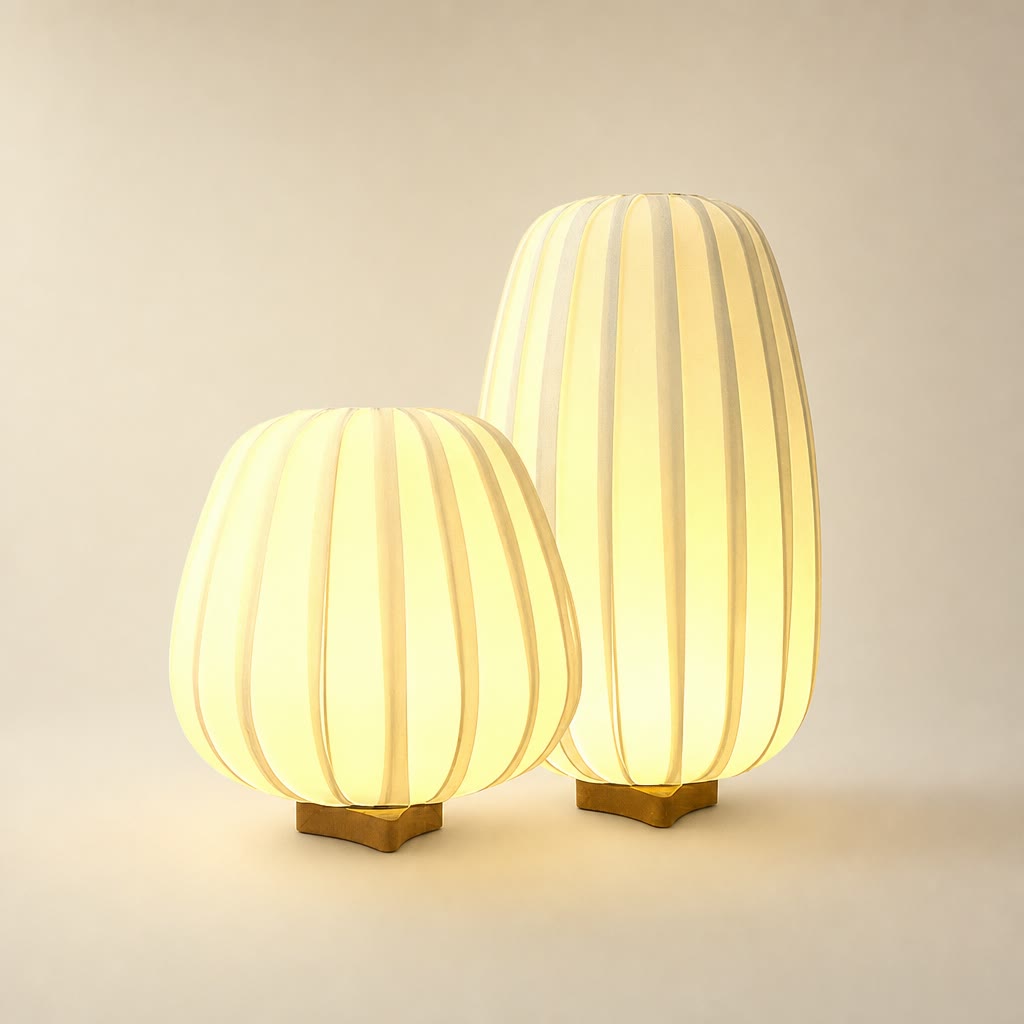 Two glowing ribbed fabric table lamps with wooden bases on a light background.