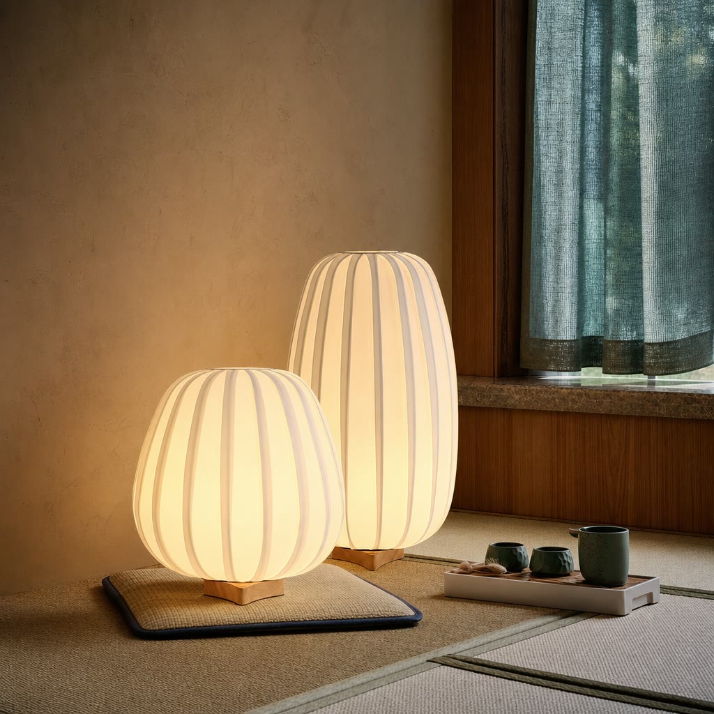 Two warm glowing ribbed paper floor lamps with wooden bases on a tatami mat floor.