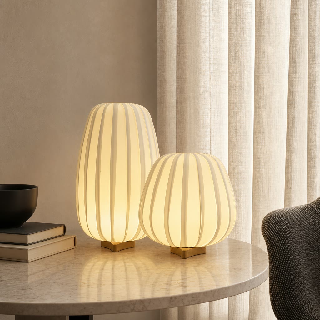Two warm glowing ribbed table lamps with gold bases on a marble side table.
