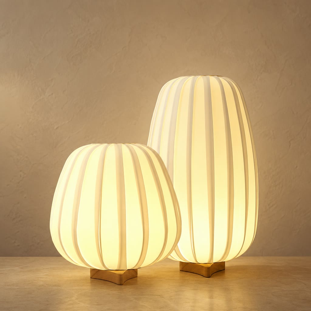 Two glowing ribbed fabric table lamps with warm wooden bases.