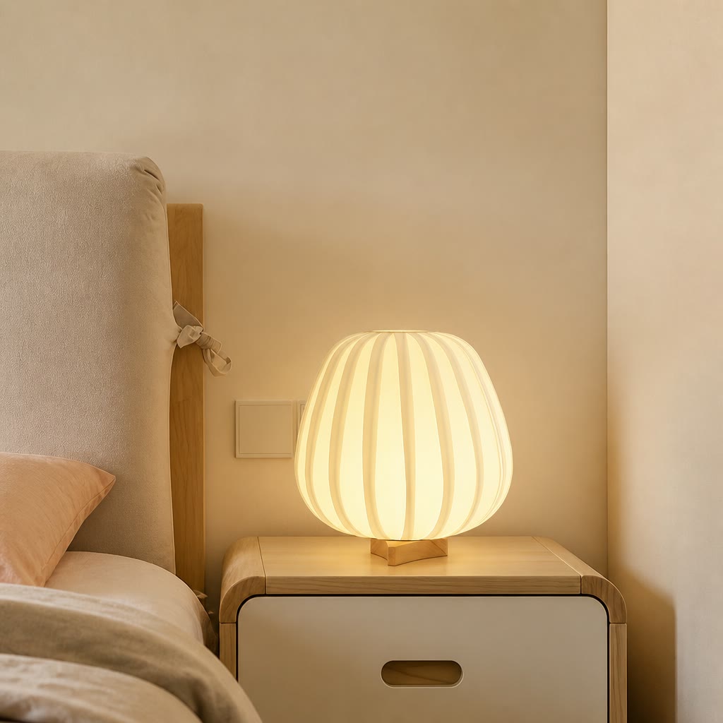 Glowing ribbed cream bedside lamp on a wooden nightstand beside a bed.