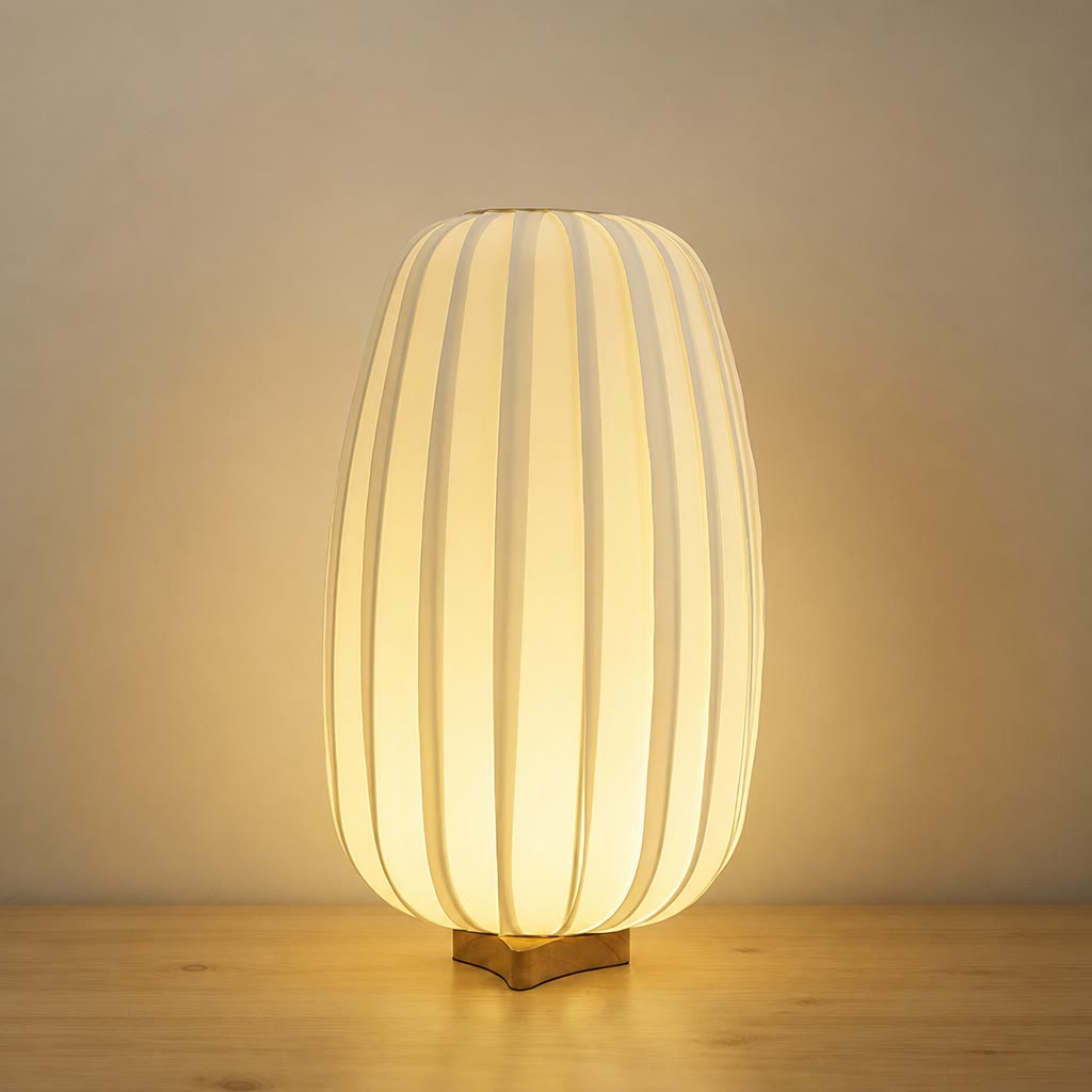 Glowing ribbed cream table lamp with a small wooden base on a neutral tabletop.