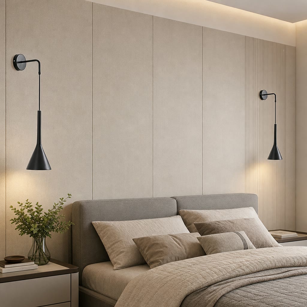 Black cone wall sconces flank a neutral bed with pillows and a quilt.