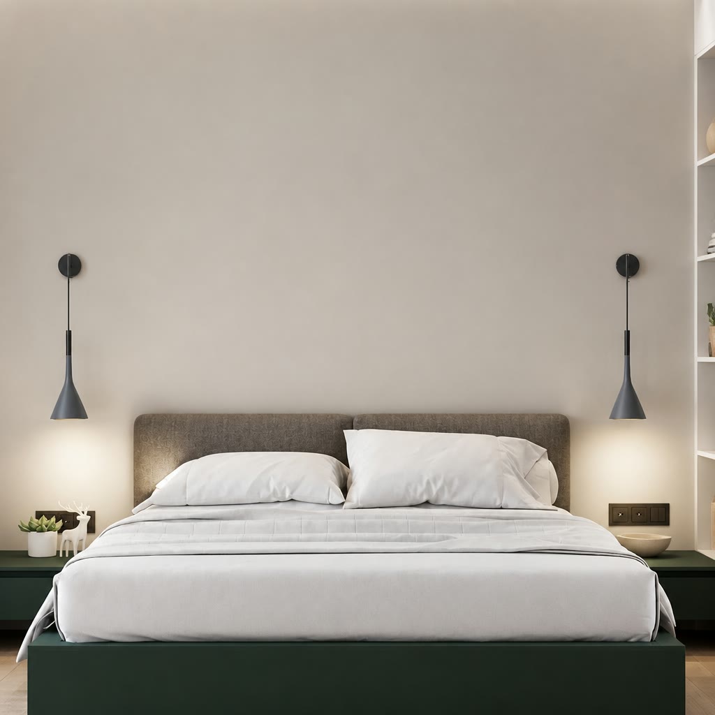 Gray pendant lamps flank a white bed with pillows and a low dark green platform.