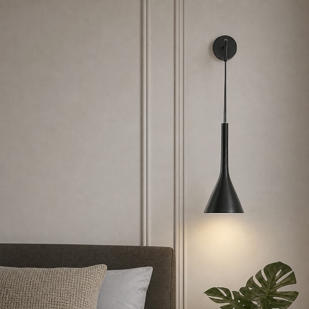 Black cone wall sconce with round mount glowing above a bed and plant.