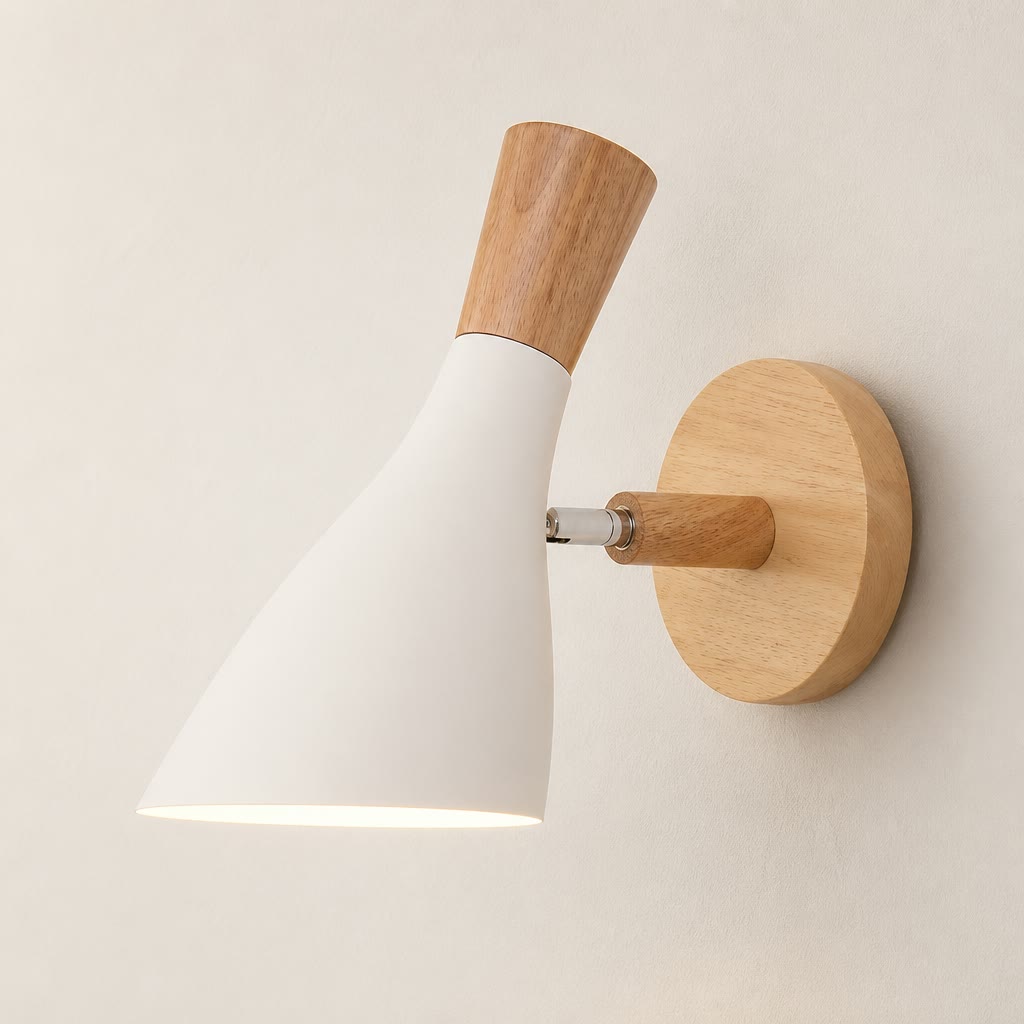 White and wood wall sconce with a glowing conical shade on a round wooden mount.