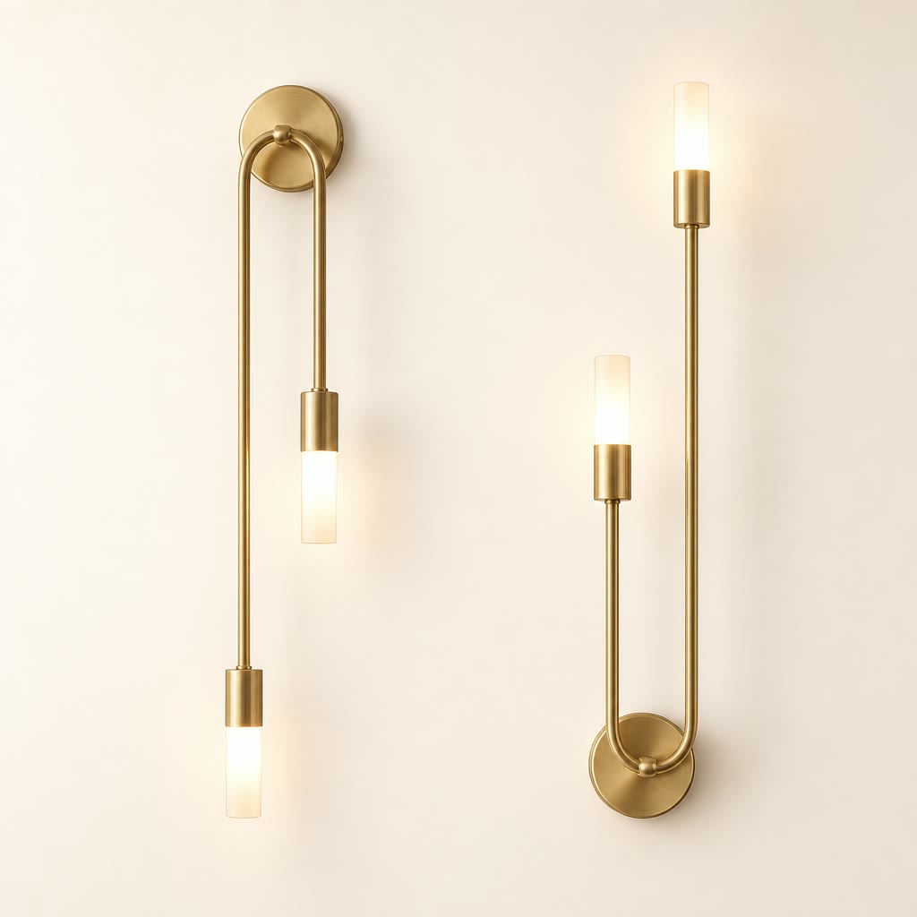 Two matching brass wall sconces with slim rods and glowing frosted cylindrical bulbs.