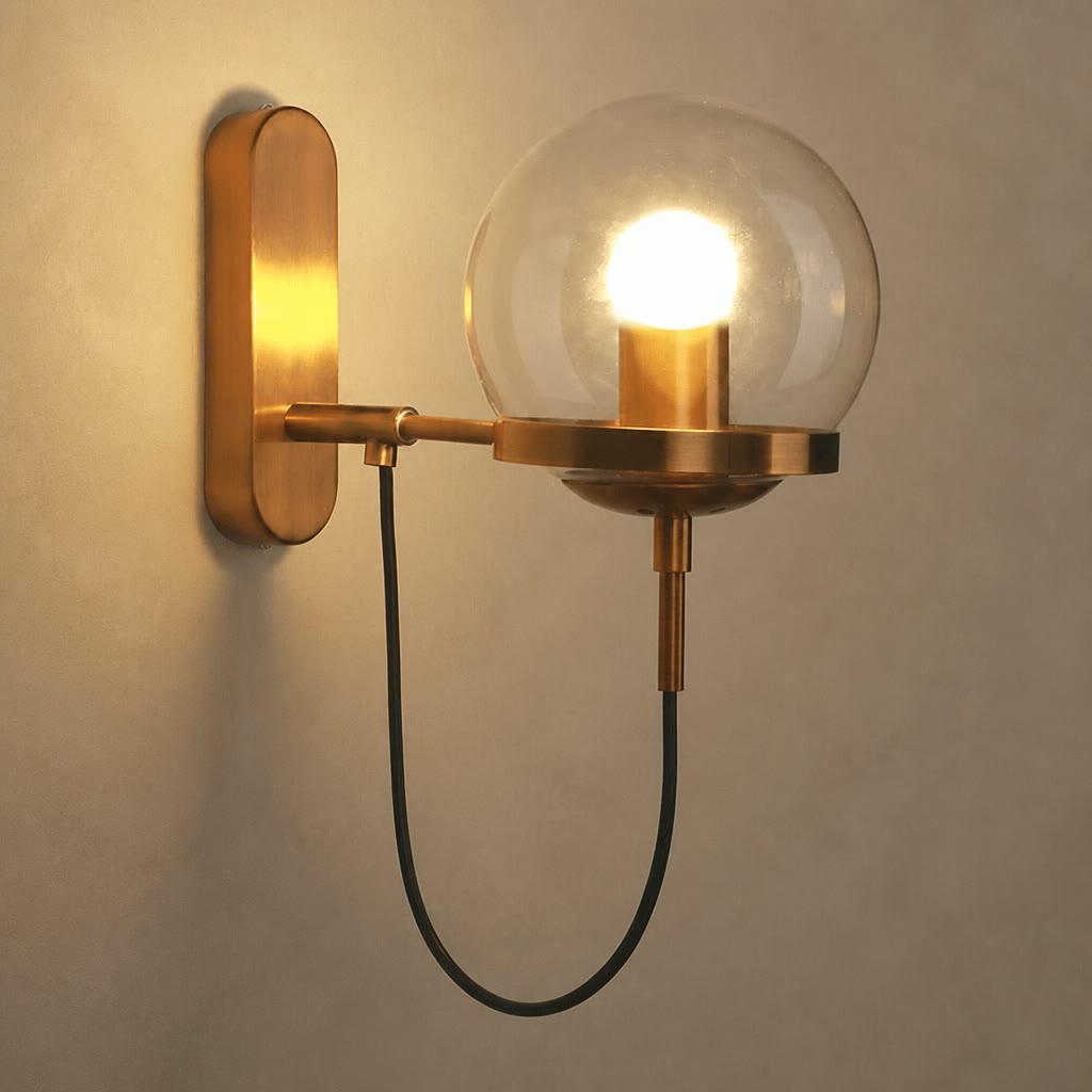 Brass wall sconce with clear glass globe and black hanging cord glowing warmly.
