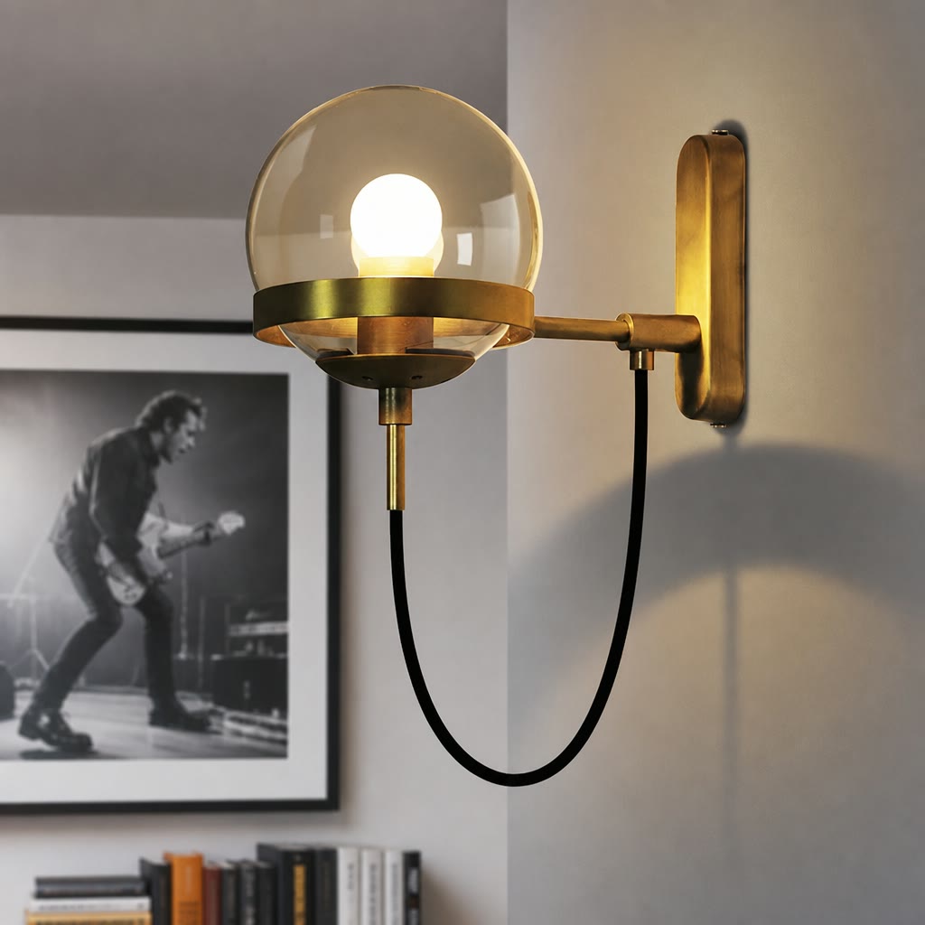 Brass wall sconce with a glass globe shade and black hanging cord glowing warmly on a neutral wall.