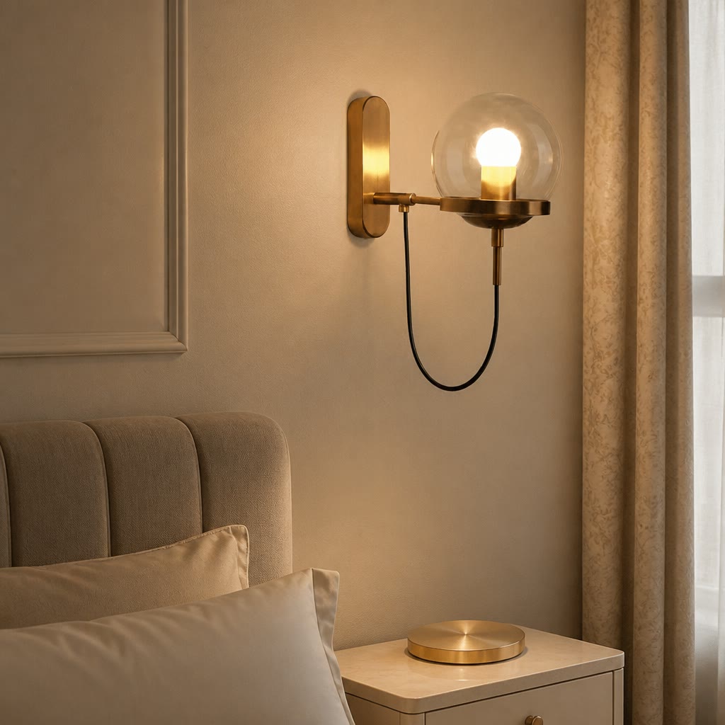 Brass wall sconce with a glowing glass globe above a bedside table.
