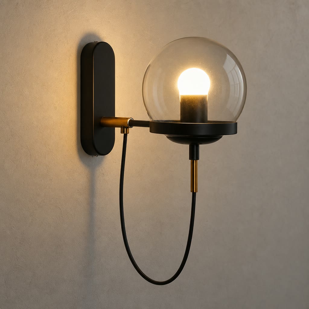 Modern wall sconce with a glowing globe shade, black mount, brass accents, and looped black cord.