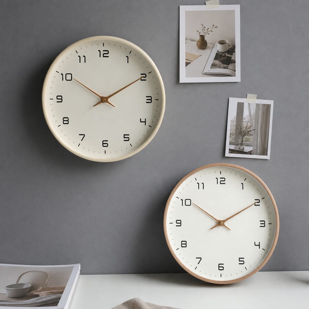 Two minimalist round analog clocks with cream faces and gold hands on a gray wall.