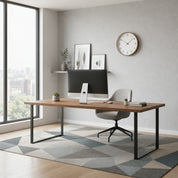 Wooden desk with black metal legs in a bright modern home office.