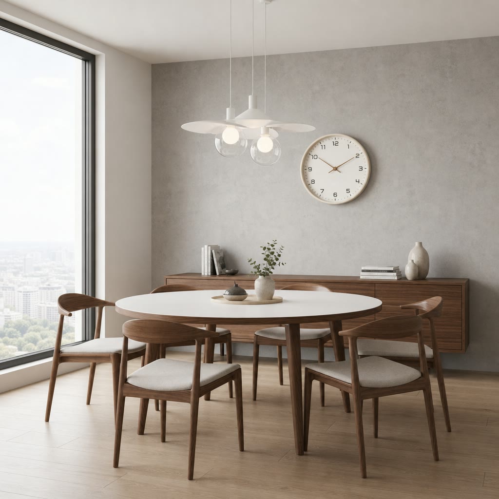 Round white dining table with walnut chairs and cushions in a bright modern dining room.