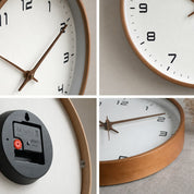 Copper-rimmed white wall clock shown in four close-up product detail views.