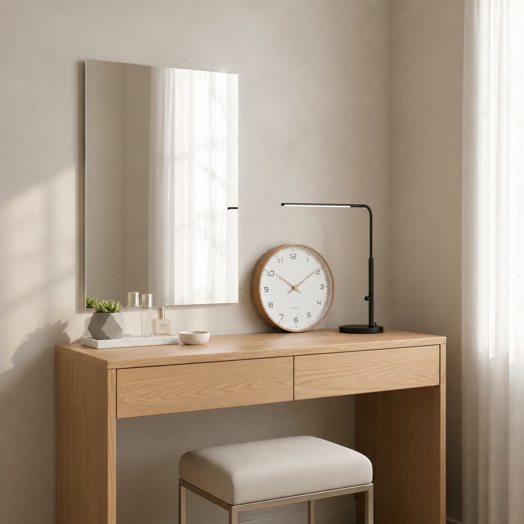 Light oak vanity desk with mirror, stool, black lamp, clock, plants, and perfume in a soft neutral bedroom.