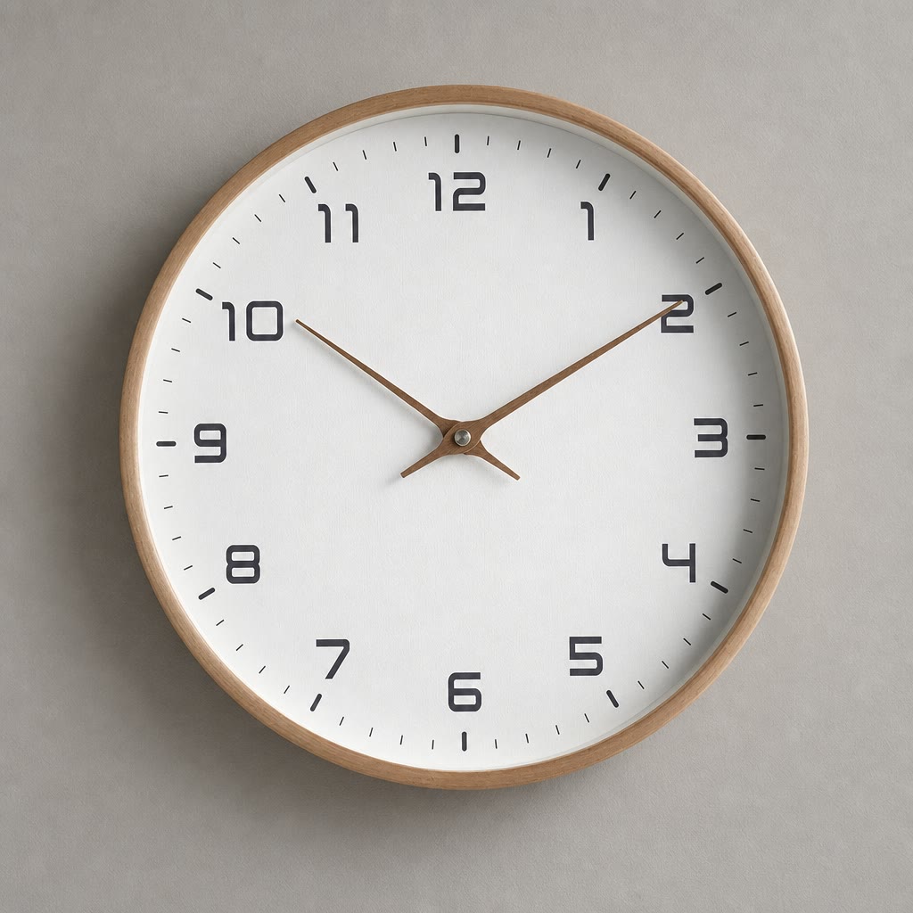 Round wall clock with wood rim, white face, black numerals, and brown hands.
