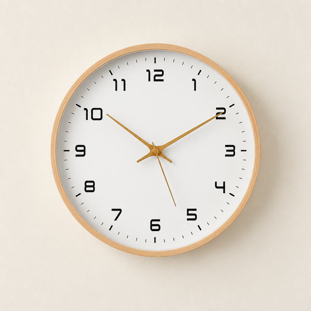 Round wood-rimmed wall clock with black numerals and gold hands on a pale wall.