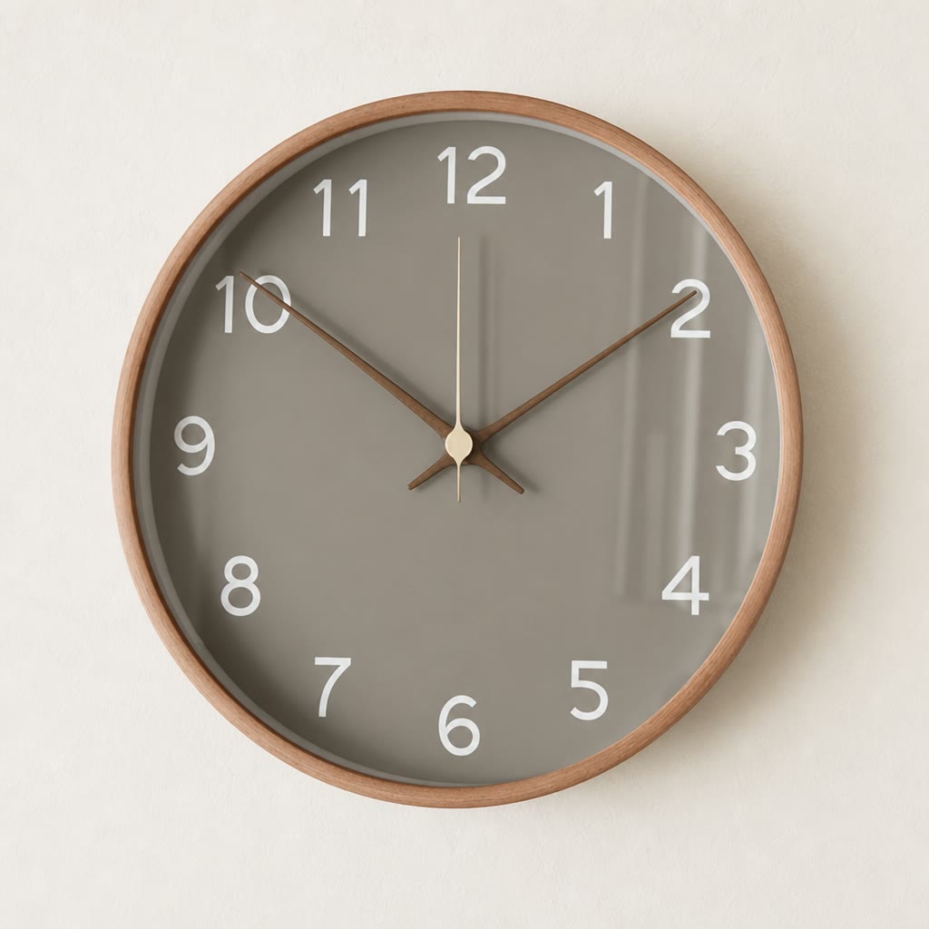 Round wall clock with taupe face, white numerals, copper rim, and slim hands on a light wall.
