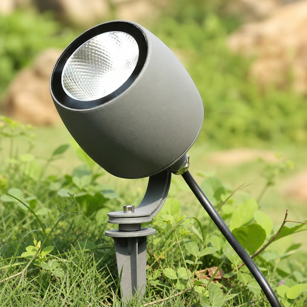 Gray outdoor spotlight on a ground stake among green grass and small plants.
