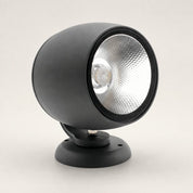 Black cylindrical spotlight with silver reflector on a round mounting base.