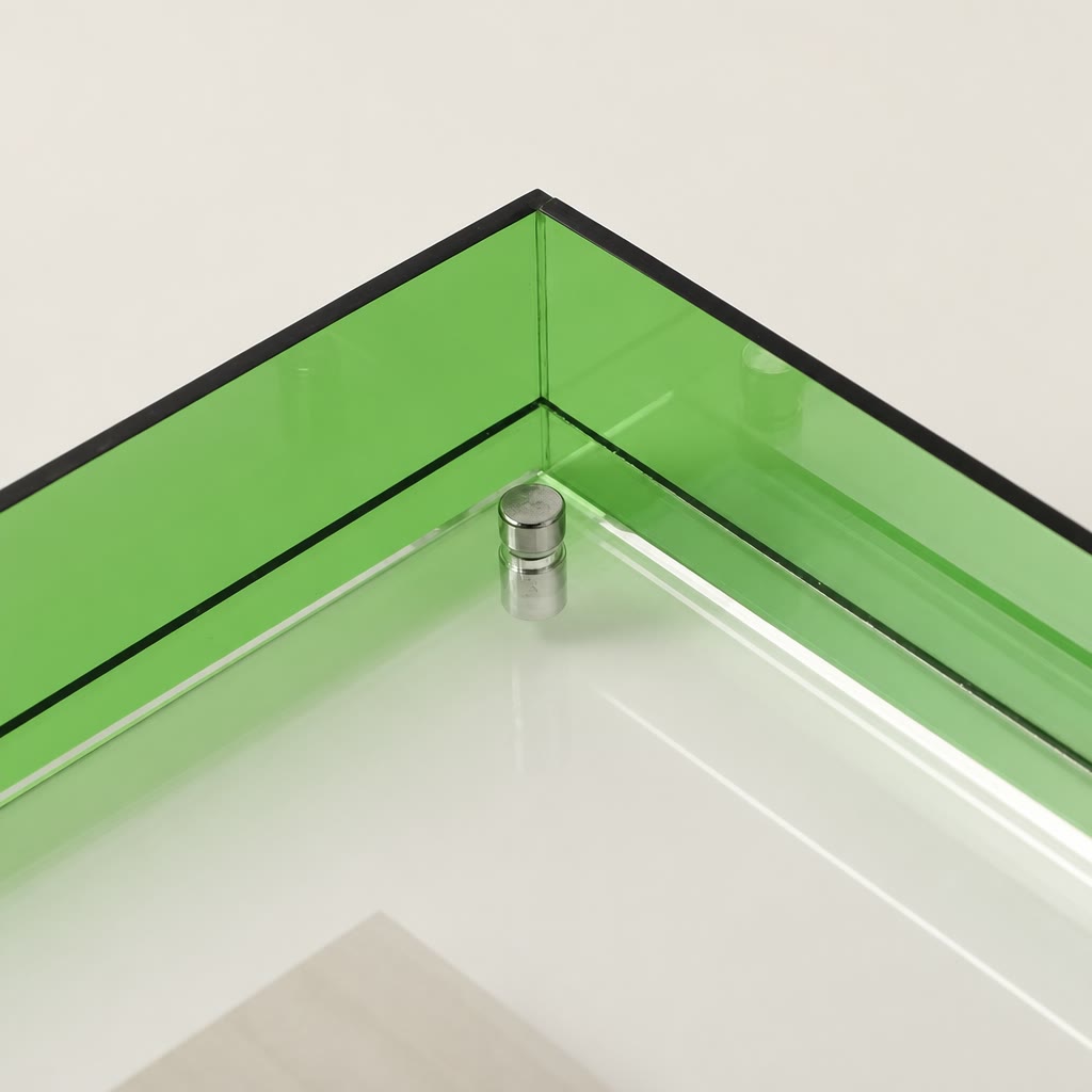 Green transparent tray corner with black rim and small silver cylindrical fitting on a glossy base.