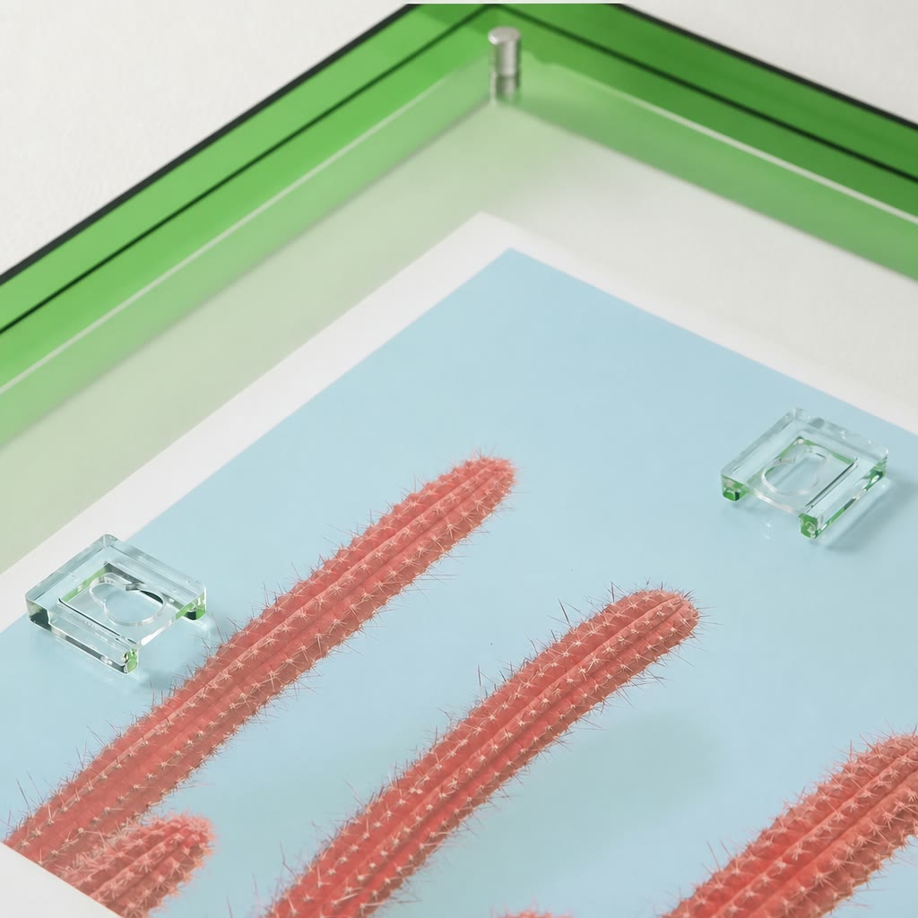 Translucent green framed tray with acrylic clips over a blue cactus print.