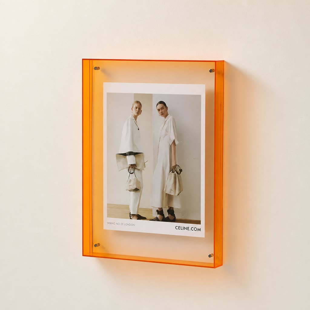 Orange translucent wall-mounted poster frame displaying a Celine fashion print.