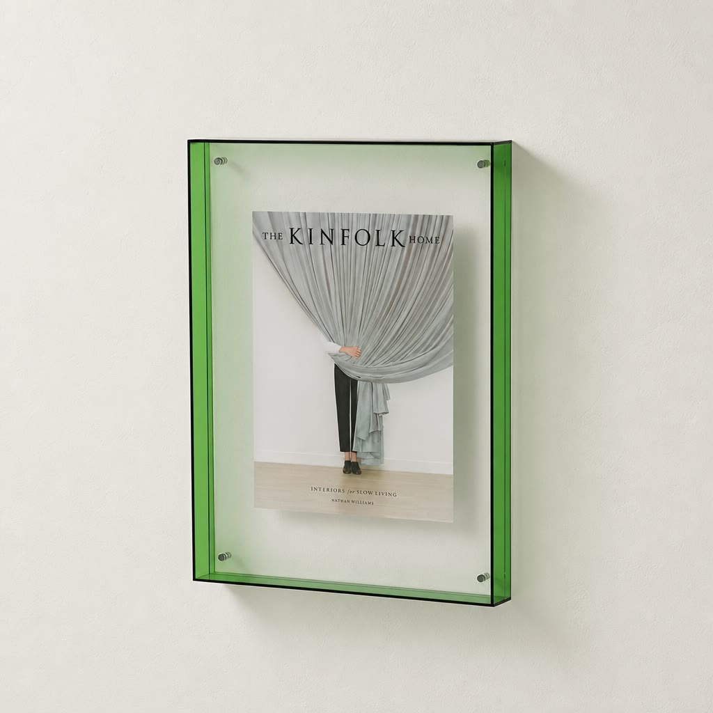Green translucent wall-mounted display frame holding The Kinfolk Home book