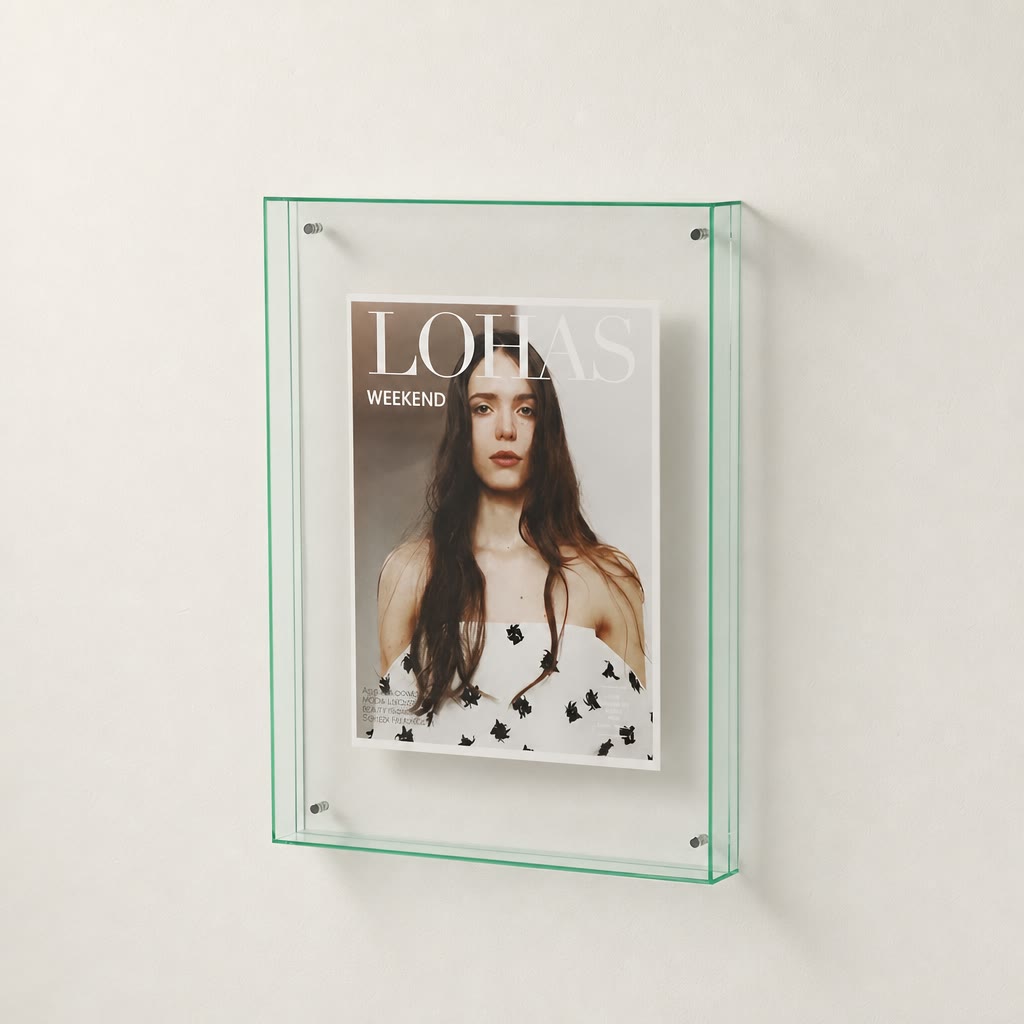 Transparent green-edged wall display frame holding a fashion magazine cover.