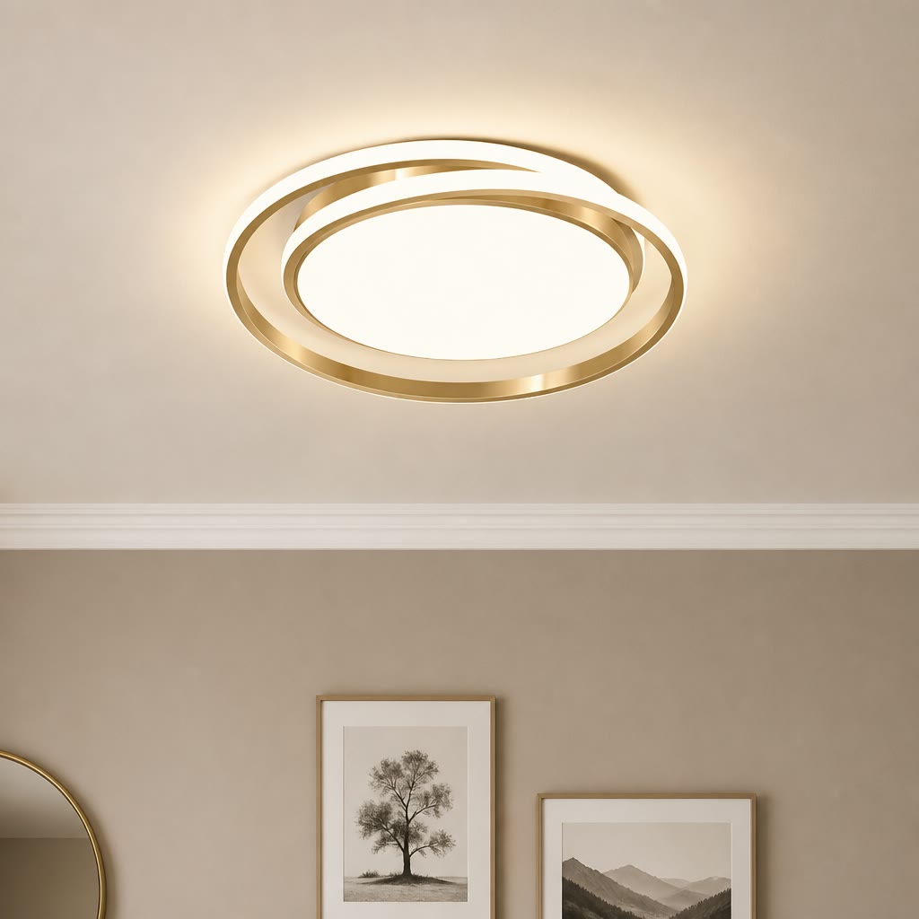 Gold ring ceiling light glowing warmly above framed wall art in a neutral room.