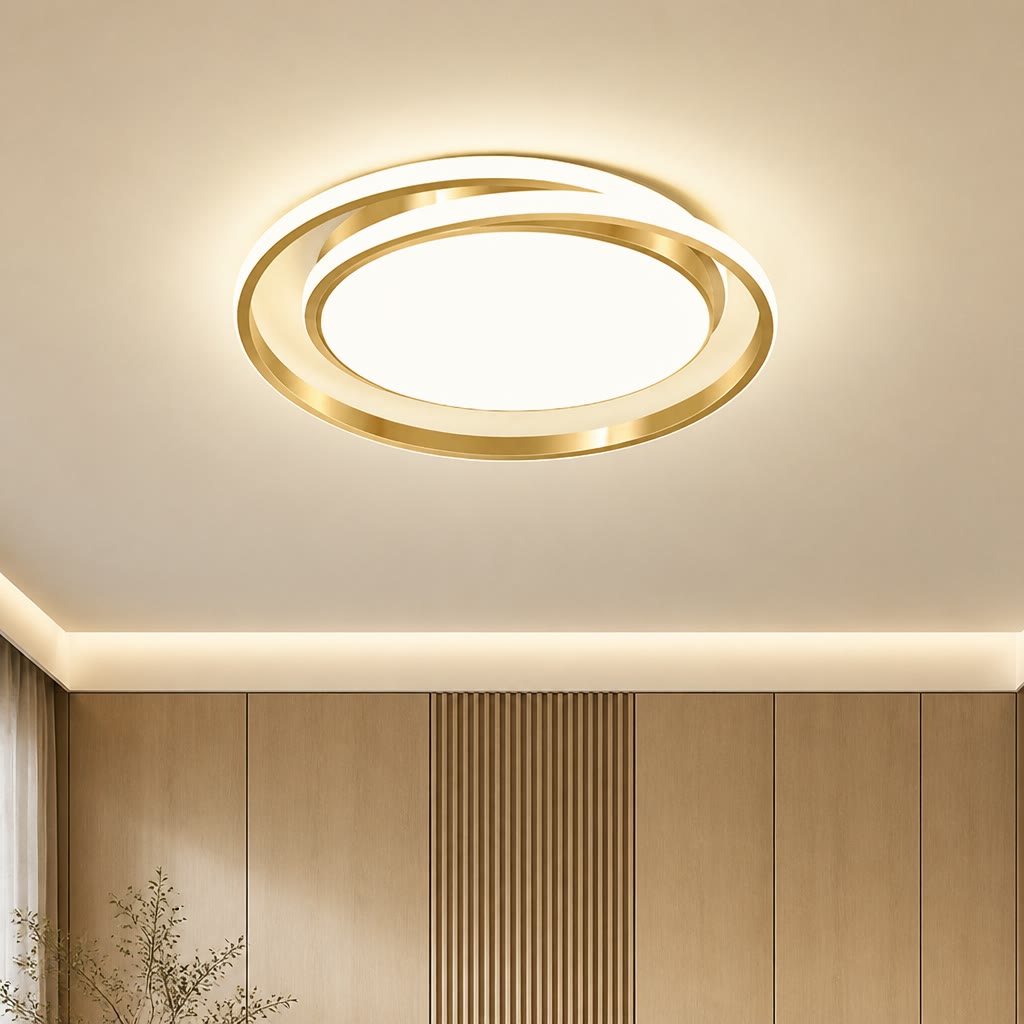 Gold circular ceiling light with glowing rings mounted on a warm modern ceiling.