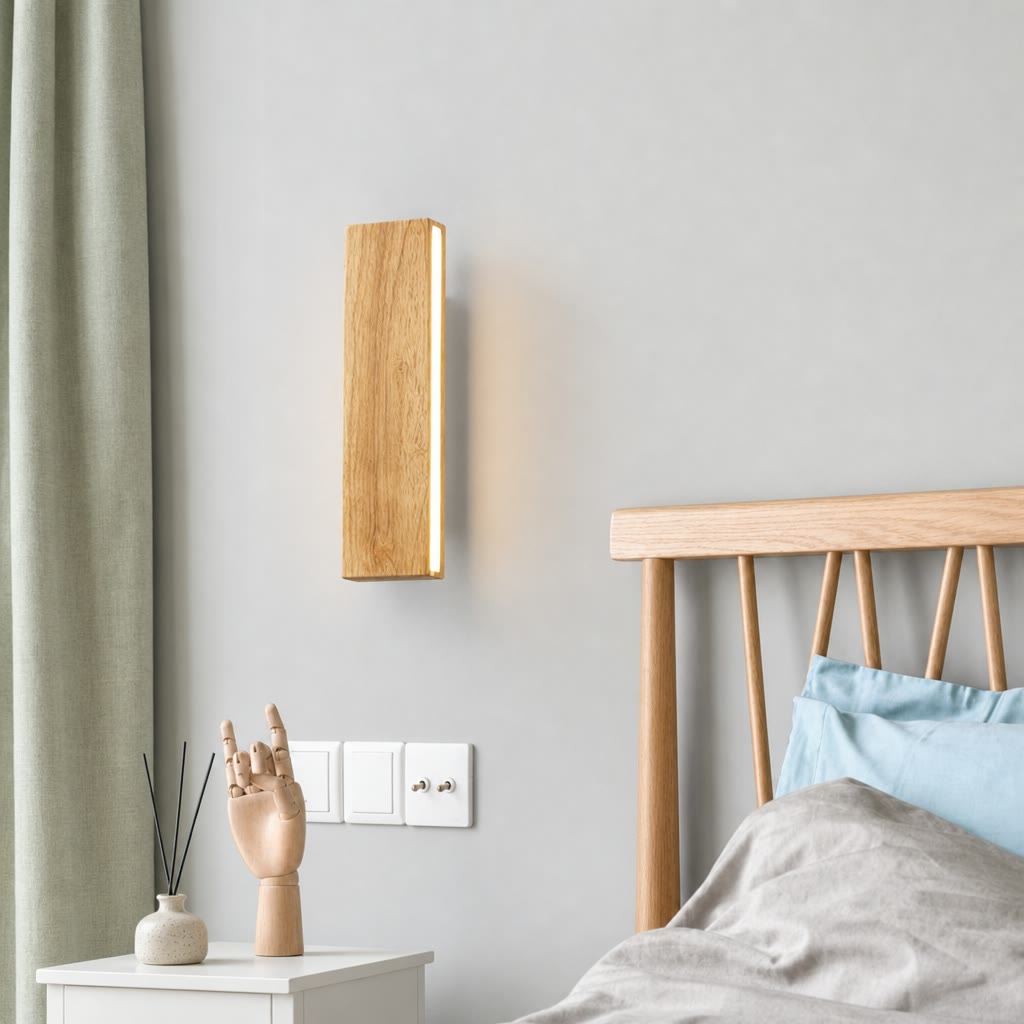 Wooden wall sconce glowing warmly beside a bed in a minimalist bedroom.