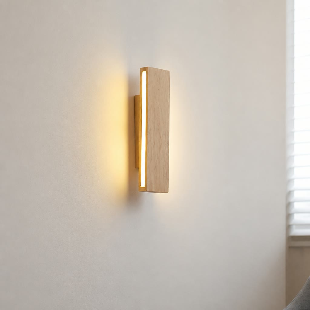 Wooden wall sconce with a vertical warm light strip mounted on a plain white wall.