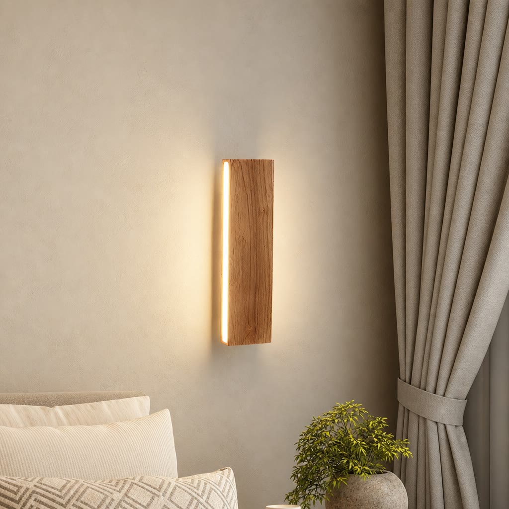 Wooden wall sconce with warm vertical light mounted beside a bed and curtains.