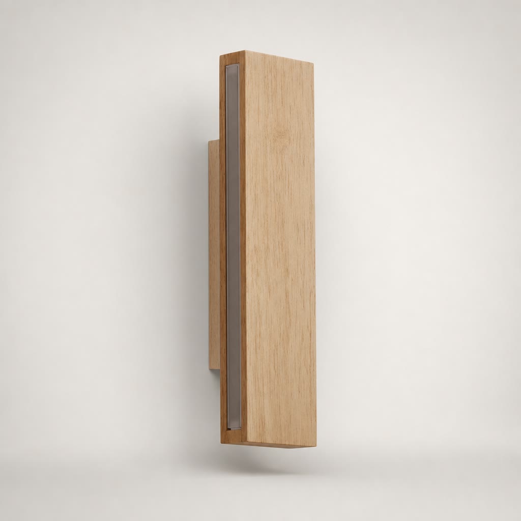 Vertical rectangular wooden wall sconce with a narrow gray inset panel on a plain light background.