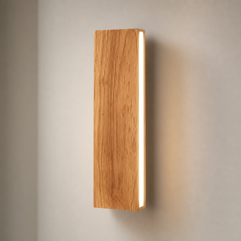 Vertical wooden wall light with a bright white side strip on a soft gray wall.