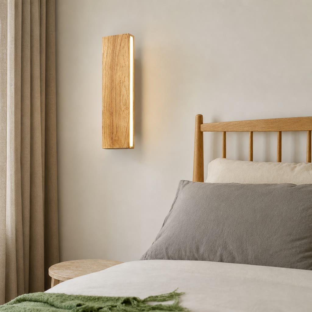 Rectangular wooden wall sconce glowing beside a neutral bed.