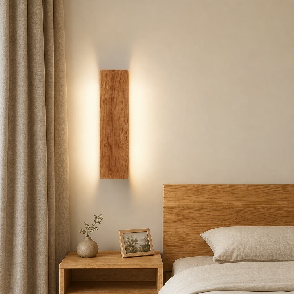 Vertical wooden wall sconce glowing above a bedside table and bed.