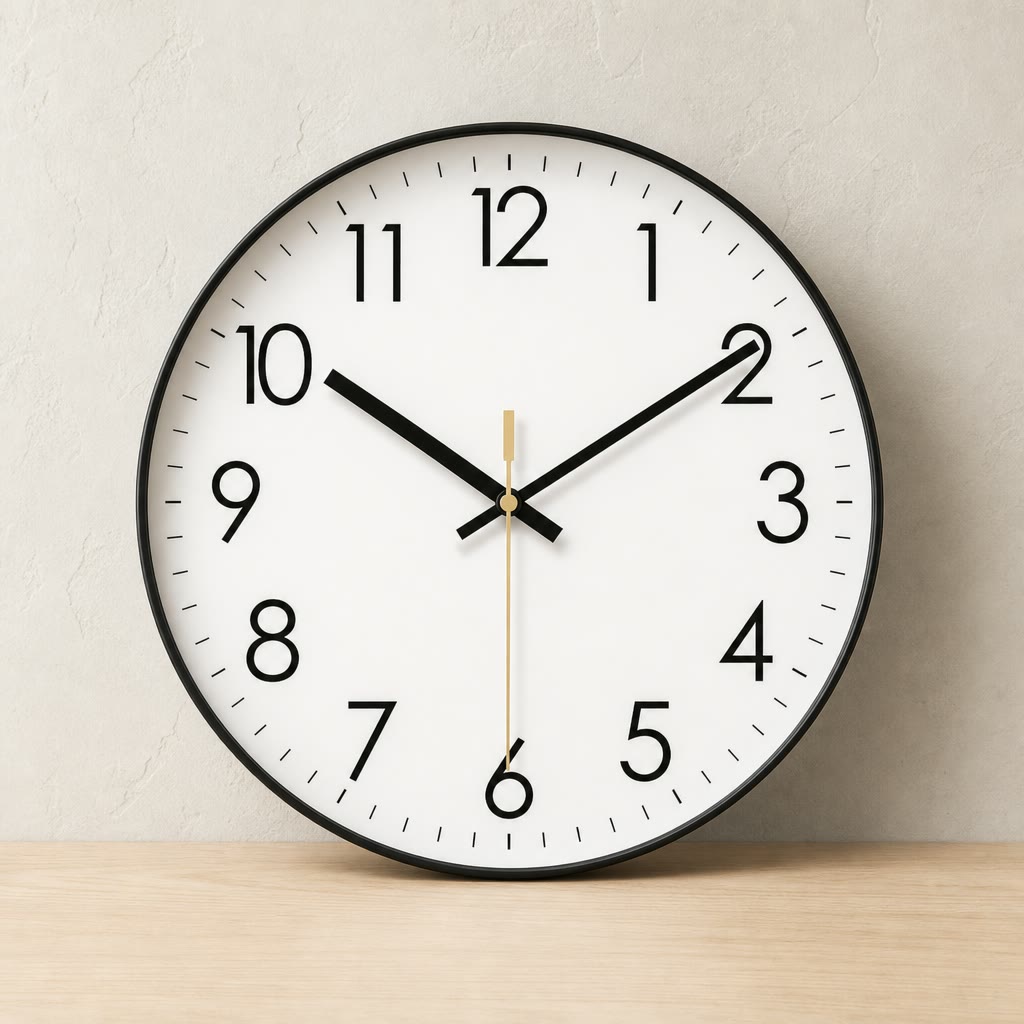 White round analog clock with black numerals, black rim, and gold second hand on a light wood surface.