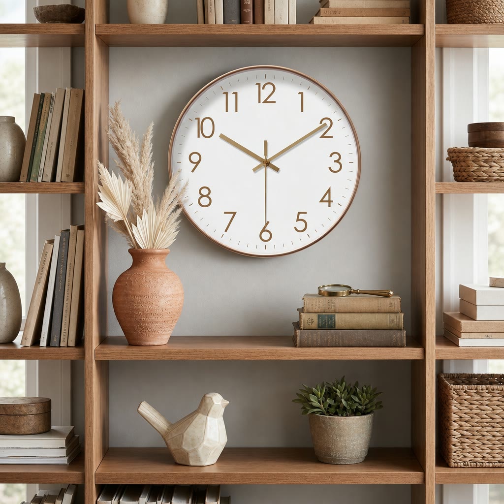 Round white wall clock with gold numbers and hands on a wooden shelf.