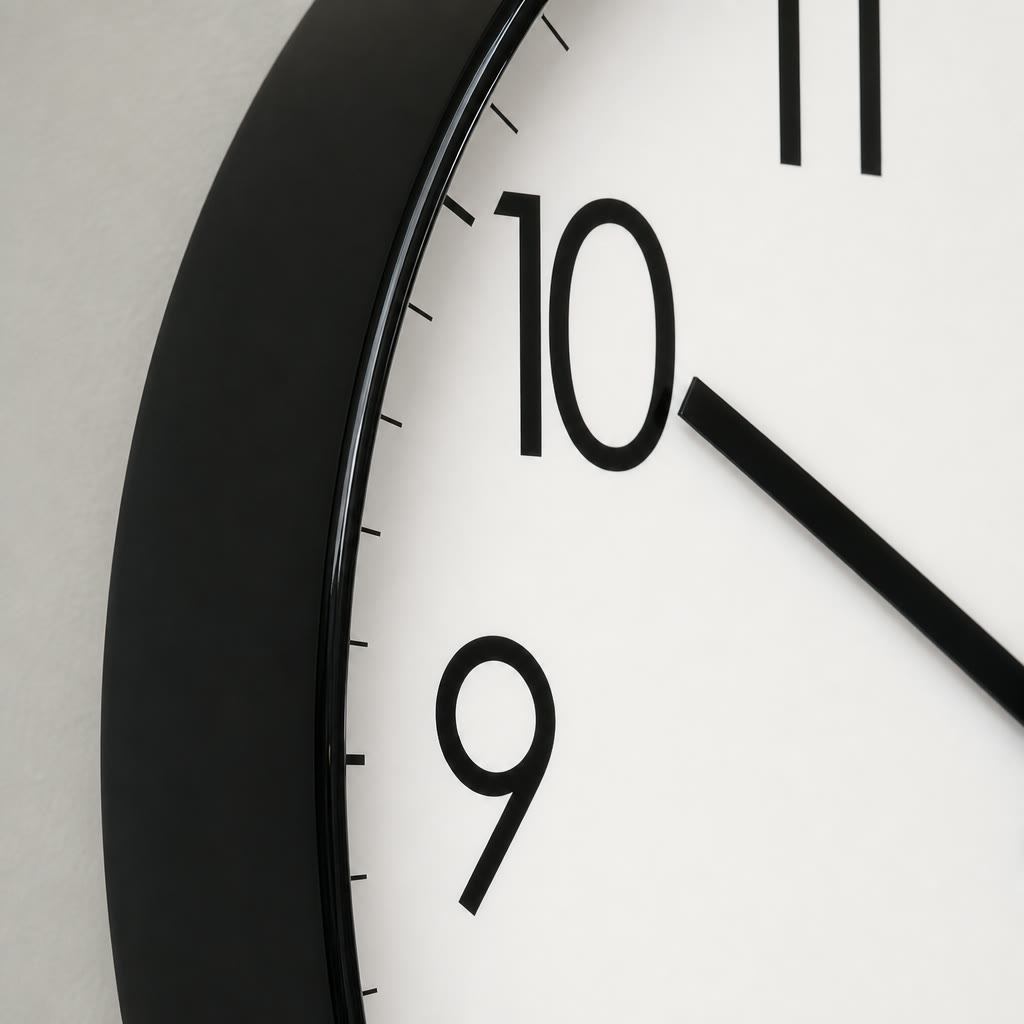 Close-up of a black-framed analog wall clock with a white face and bold black numerals.