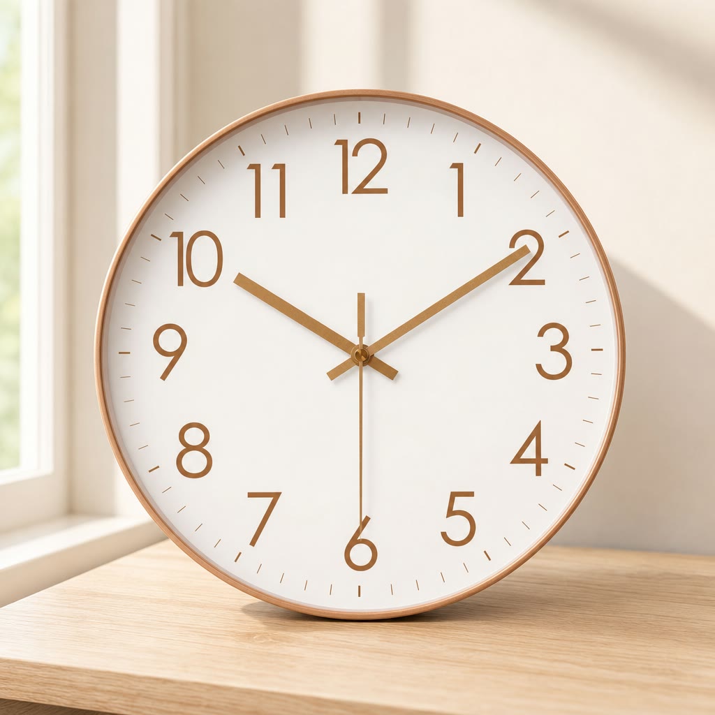 White wall clock with bronze numerals and hands on a light wooden surface.
