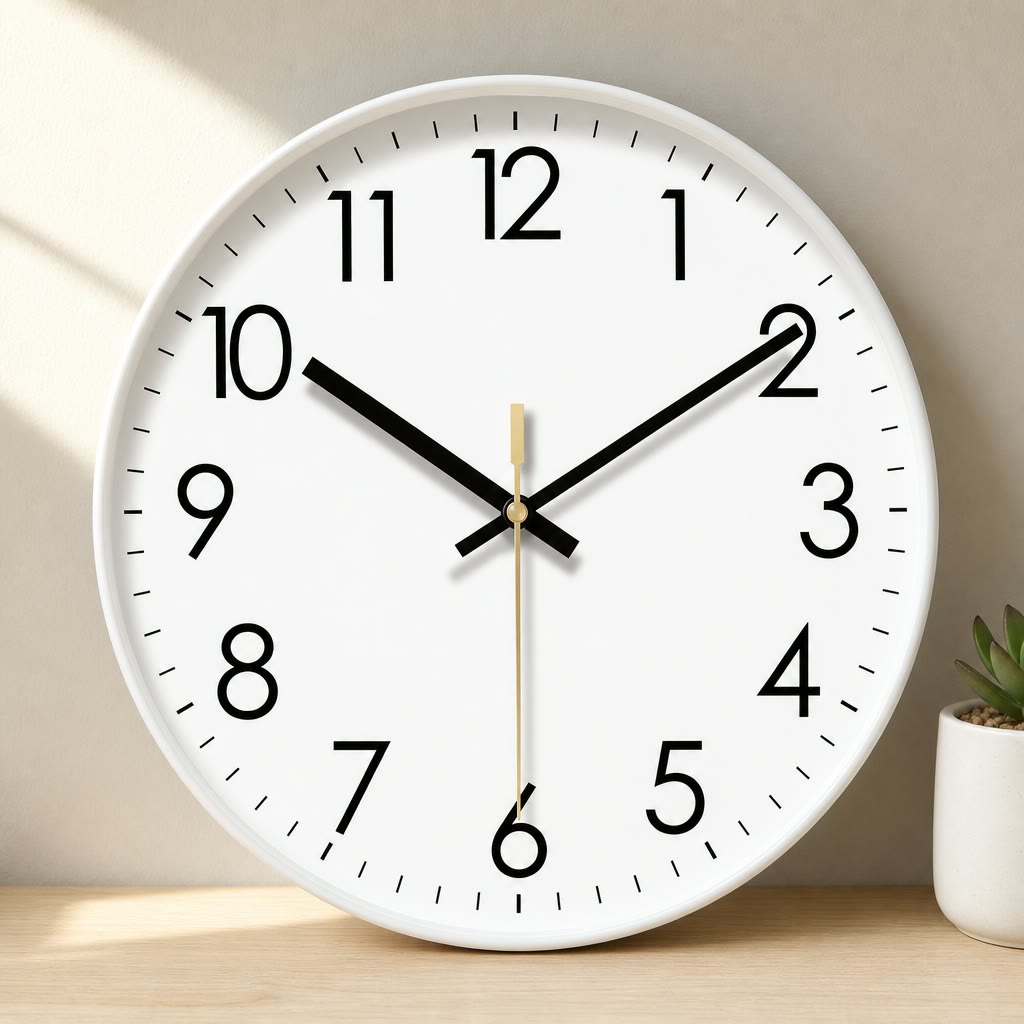 White round wall clock with black numbers and hands on a light wooden shelf.