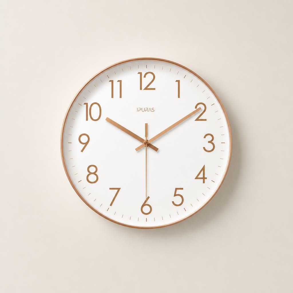 Round white wall clock with rose gold rim, numerals, and hands on a pale neutral background.