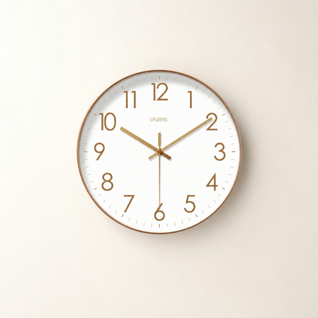 Round white wall clock with gold numerals and hands on a pale neutral background.