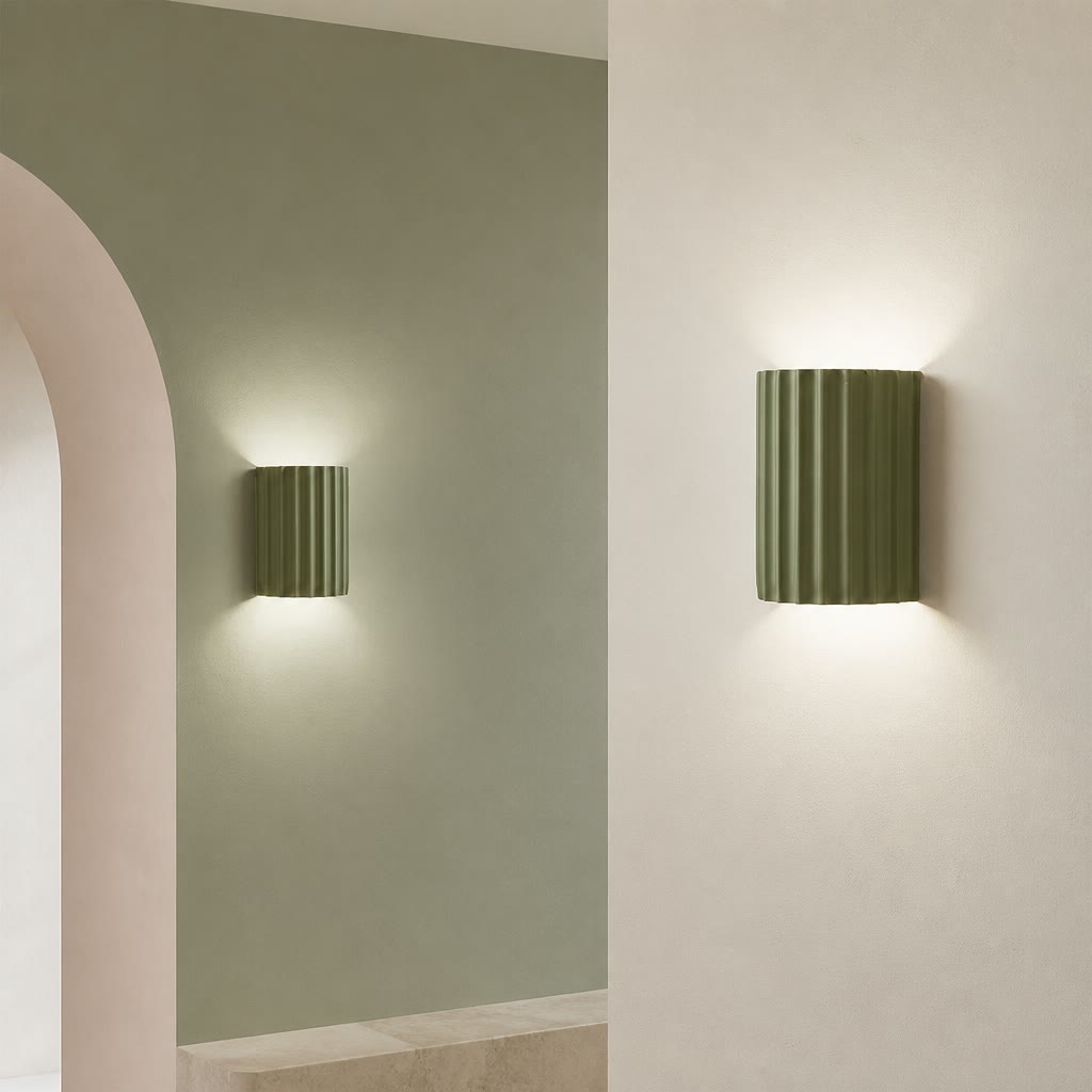 Two olive green ribbed cylindrical wall sconces casting soft up-and-down light.
