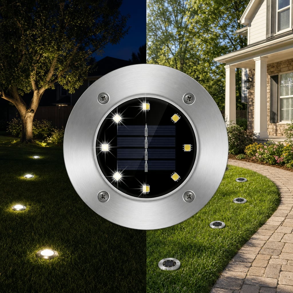Round stainless steel solar ground light with LED bulbs and a central solar panel in a split day-night garden scene.