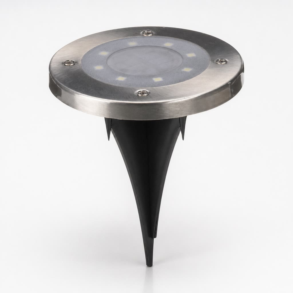 Stainless steel round LED garden spike light with a black tapered ground stake.